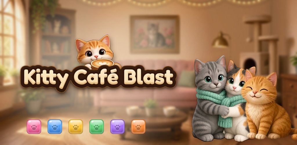 Kitty Café Blast feature art with cats in a cozy café
